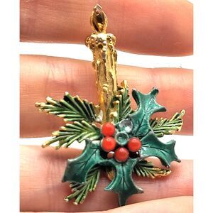Vintage Christmas Candle Brooch Pin Enamel with Rhinestone Flame Signed Roma 2in